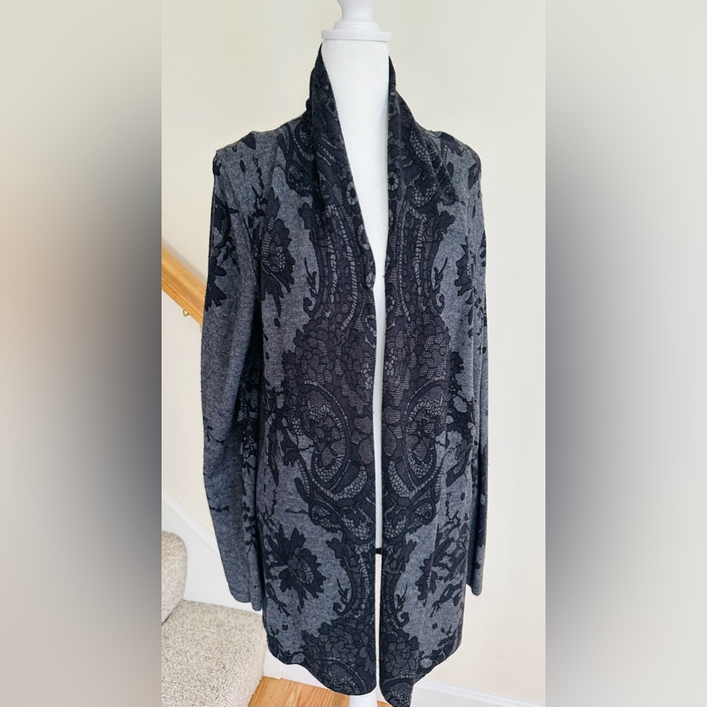 Two (ii) Sisters cardigan, black and gray lace print sweater. Size large.